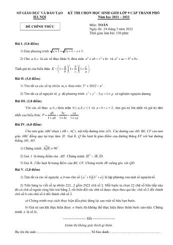 Đề thi chọn học sinh giỏi cấp Thành phố môn Toán Lớp 9 - Năm học 2021-2022 - Sở GD và ĐT Hà Nội (Có đáp án)