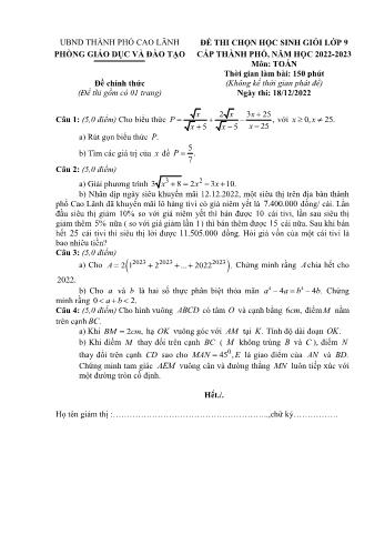 Đề thi chọn học sinh giỏi cấp Thành phố môn Toán Lớp 9 - Năm học 2022-2023 - Phòng GD và ĐT Thành phố Cao Lãnh