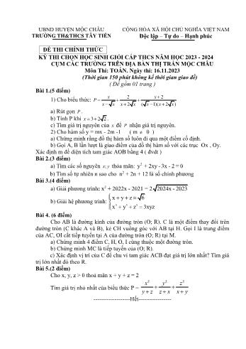 Đề thi chọn học sinh giỏi cấp THCS môn Toán Lớp 9 - Năm học 2023-2024 - Trường TH và THCS Tây Tiến (Có đáp án)