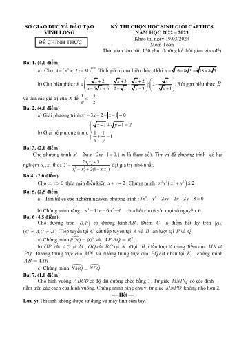 Đề thi chọn học sinh giỏi cấp THCS môn Toán Lớp 9 - Năm học 2022-2023 - Sở GD và ĐT Vĩnh Long (Có đáp án)