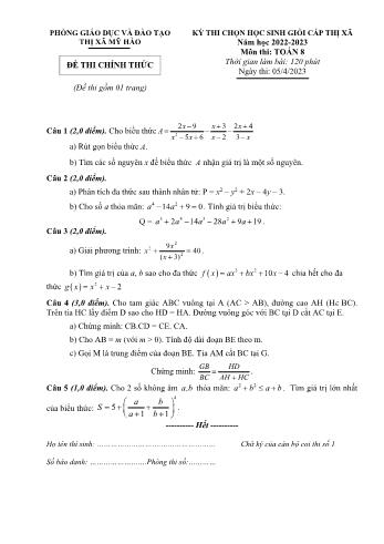 Đề thi chọn học sinh giỏi cấp thị xã môn Toán Lớp 8 - Năm học 2022-2023 - Phòng GD và ĐT Thị xã Mỹ Hào (Có đáp án)