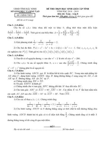 Đề thi chọn học sinh giỏi cấp tỉnh môn Toán Lớp 8 - Năm học 2018-2019 - Sở GD và ĐT Bắc Ninh (Có đáp án)