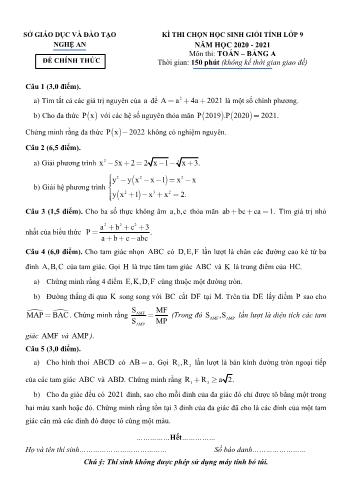 Đề thi chọn học sinh giỏi cấp tỉnh môn Toán Lớp 9 - Bảng A - Năm học 2020-2021 - Sở GD và ĐT Nghệ An