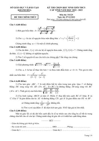 Đề thi chọn học sinh giỏi cấp tỉnh môn Toán Lớp 9 - Năm học 2022-2023 - Sở GD và ĐT Khánh Hòa (Có đáp án)