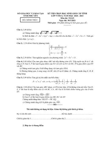 Đề thi chọn học sinh giỏi cấp tỉnh môn Toán Lớp 9 - Năm học 2020-2021 - Sở GD và ĐT Phú Yên (Có đáp án)