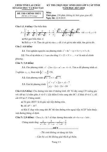 Đề thi chọn học sinh giỏi cấp tỉnh môn Toán Lớp 9 - Năm học 2017-2018 - Sở GD và ĐT Lai Châu (Có đáp án)