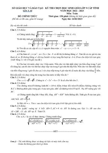 Đề thi chọn học sinh giỏi cấp tỉnh môn Toán Lớp 9 - Năm học 2022-2023 - Sở GD và ĐT Gia Lai (Có đáp án)