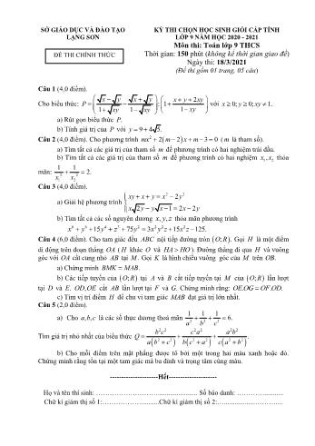 Đề thi chọn học sinh giỏi cấp tỉnh môn Toán Lớp 9 - Năm học 2020-2021 - Sở GD và ĐT Lạng Sơn (Có đáp án)