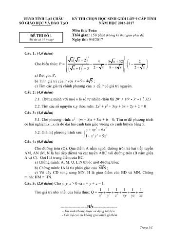 Đề thi chọn học sinh giỏi cấp tỉnh môn Toán Lớp 9 - Năm học 2016-2017 - Sở GD và ĐT Lai Châu (Có đáp án)