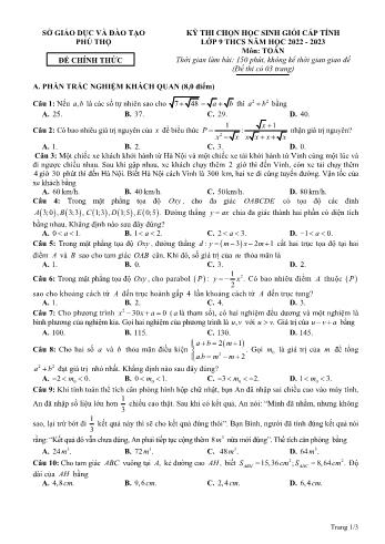 Đề thi chọn học sinh giỏi cấp tỉnh môn Toán Lớp 9 - Năm học 2022-2023 - Sở GD và ĐT Phú Thọ (Có đáp án)