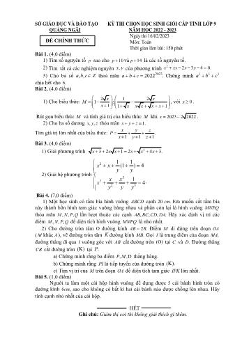Đề thi chọn học sinh giỏi cấp tỉnh môn Toán Lớp 9 - Năm học 2022-2023 - Sở GD và ĐT Quảng Ngãi (Có đáp án)