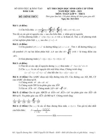Đề thi chọn học sinh giỏi cấp tỉnh môn Toán Lớp 9 - Năm học 2020-2021 - Sở GD và ĐT Đăk Lăk (Có đáp án)