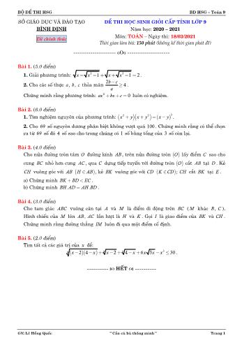 Đề thi chọn học sinh giỏi cấp tỉnh môn Toán Lớp 9 - Năm học 2020-2021 - Sở GD và ĐT Bình Định