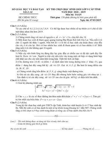 Đề thi chọn học sinh giỏi cấp tỉnh môn Toán Lớp 9 - Năm học 2018-2019 - Sở GD và ĐT Gia Lai (Có đáp án)