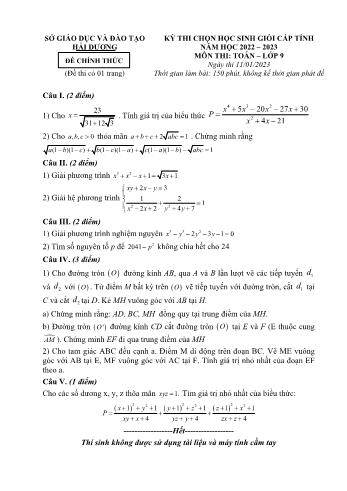 Đề thi chọn học sinh giỏi cấp tỉnh môn Toán Lớp 9 - Năm học 2022-2023 - Sở GD và ĐT Hải Dương (Có đáp án)
