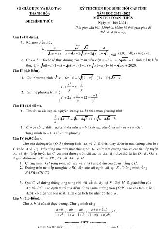 Đề thi chọn học sinh giỏi cấp tỉnh môn Toán Lớp 9 - Năm học 2021-2022 - Sở GD và ĐT Thanh Hóa (Có đáp án)