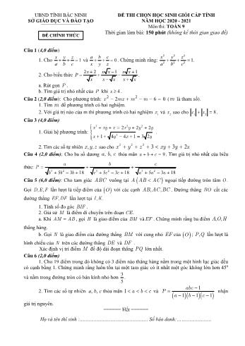 Đề thi chọn học sinh giỏi cấp tỉnh môn Toán Lớp 9 - Năm học 2020-2021 - Sở GD và ĐT Bắc Ninh (Có đáp án)
