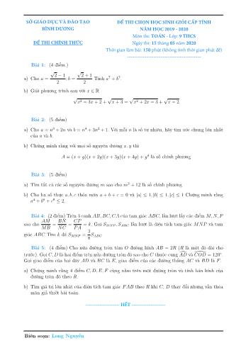 Đề thi chọn học sinh giỏi cấp tỉnh môn Toán Lớp 9 - Năm học 2019-2020 - Sở GD và ĐT Bình Dương