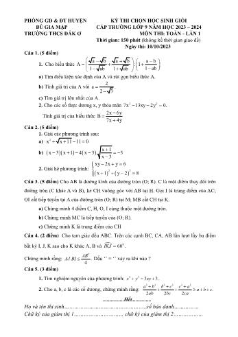 Đề thi chọn học sinh giỏi cấp trường lần 1 môn Toán Lớp 9 - Năm học 2023-2024 - Trường THCS Đắk Ơ (Có đáp án)