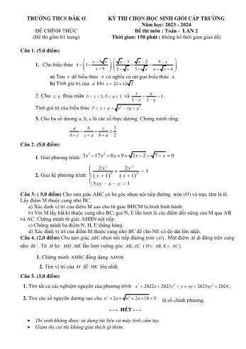 Đề thi chọn học sinh giỏi cấp trường lần 2 môn Toán Lớp 9 - Năm học 2023-2024 - Trường THCS Đắk Ơ (Có đáp án)