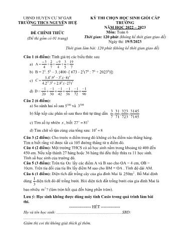 Đề thi chọn học sinh giỏi cấp trường môn Toán Lớp 6 - Năm học 2022-2023 - Trường THCS Nguyễn Huệ (Có đáp án)