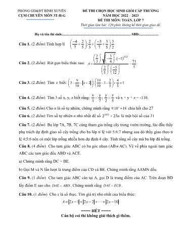 Đề thi chọn học sinh giỏi cấp trường môn Toán Lớp 7 - Năm học 2022-2023 - Phòng GD và ĐT Bình Xuyên (Có đáp án)