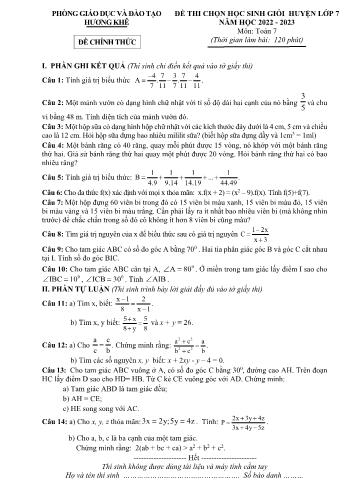Đề thi chọn học sinh giỏi huyện môn Toán Lớp 7 - Năm học 2022-2023 - Phòng GD và ĐT Hương Khê (Có đáp án)