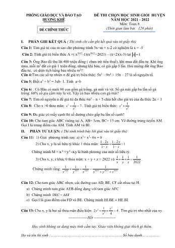 Đề thi chọn học sinh giỏi huyện môn Toán Lớp 8 - Năm học 2021-2022 - Phòng GD và ĐT Hương Khê (Có đáp án)