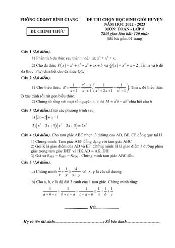 Đề thi chọn học sinh giỏi huyện môn Toán Lớp 8 - Năm học 2022-2023 - Phòng GD và ĐT Bình Giang (Có đáp án)