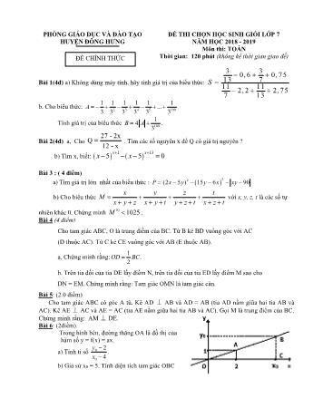 Đề thi chọn học sinh giỏi môn Toán Lớp 7 - Năm học 2018-2019 - Phòng GD và ĐT Đông Hưng (Có đáp án)