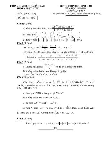 Đề thi chọn học sinh giỏi môn Toán Lớp 7 - Năm học 2020-2021 - Phòng GD và ĐT Trực Ninh (Có đáp án)