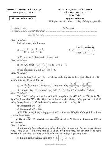 Đề thi chọn học sinh giỏi môn Toán Lớp 7 - Năm học 2022-2023 - Phòng GD và ĐT Gia Viễn (Có đáp án)