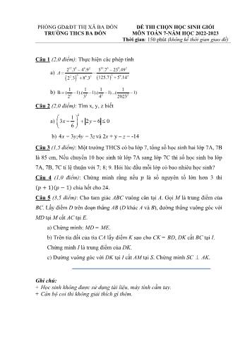 Đề thi chọn học sinh giỏi môn Toán Lớp 7 - Năm học 2022-2023 - Trường THCS Ba Đồn (Có đáp án)