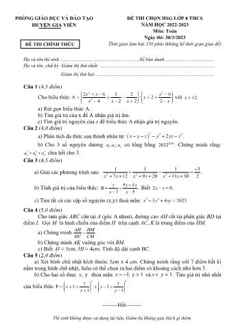 Đề thi chọn học sinh giỏi môn Toán Lớp 8 - Năm học 2022-2023 - Phòng GD và ĐT huyện Gia Viên (Có đáp án)