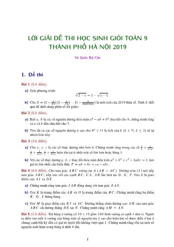 Đề thi chọn học sinh giỏi môn Toán Lớp 9 năm 2019 - Sở GD và ĐT Hà Nội (Có đáp án)