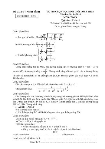 Đề thi chọn học sinh giỏi môn Toán Lớp 9 - Năm học 2013-2014 - Sở GD và ĐT Ninh Bình (Có đáp án)