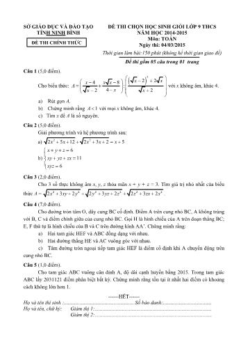 Đề thi chọn học sinh giỏi môn Toán Lớp 9 - Năm học 2014-2015 - Sở GD và ĐT Ninh Bình (Có đáp án)