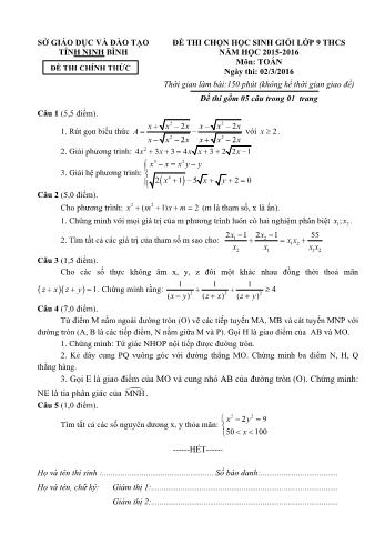Đề thi chọn học sinh giỏi môn Toán Lớp 9 - Năm học 2015-2016 - Sở GD và ĐT Ninh Bình (Có đáp án)