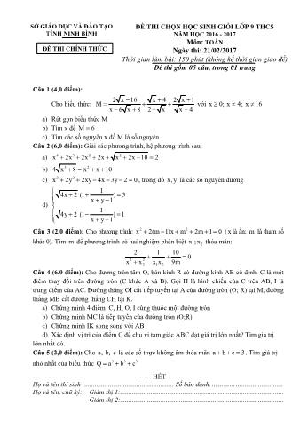 Đề thi chọn học sinh giỏi môn Toán Lớp 9 - Năm học 2016-2017 - Sở GD và ĐT Ninh Bình (Có đáp án)