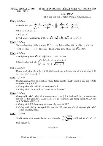 Đề thi chọn học sinh giỏi môn Toán Lớp 9 - Năm học 2018-2019 - Sở GD và ĐT Thái Bình (Có đáp án)