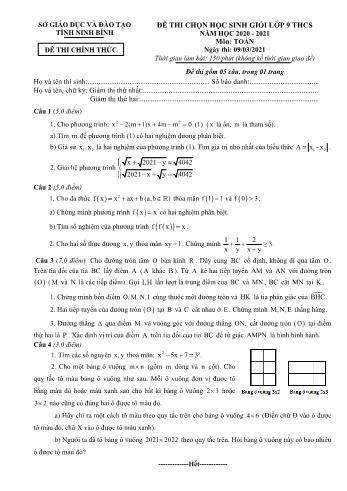 Đề thi chọn học sinh giỏi môn Toán Lớp 9 - Năm học 2020-2021 - Sở GD và ĐT Ninh Bình (Có đáp án)