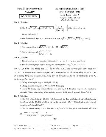 Đề thi chọn học sinh giỏi môn Toán Lớp 9 - Năm học 2020-2021 - Sở GD và ĐT Nam Định (Có đáp án)