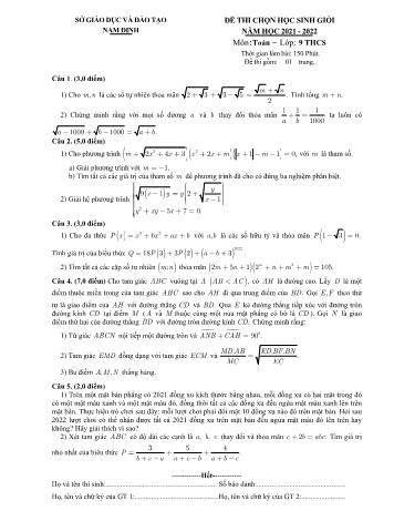 Đề thi chọn học sinh giỏi môn Toán Lớp 9 - Năm học 2021-2022 - Sở GD và ĐT Nam Định