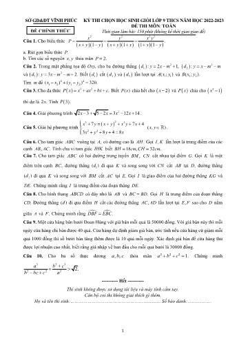 Đề thi chọn học sinh giỏi môn Toán Lớp 9 - Năm học 2022-2023 - Sở GD và ĐT Vĩnh Phúc (Có đáp án)