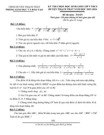 Đề thi chọn học sinh giỏi môn Toán Lớp 9 - Năm học 2023-2024 - Phòng GD và ĐT Thạch Thất (Có đáp án)