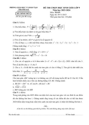 Đề thi chọn học sinh giỏi môn Toán Lớp 9 - Năm học 2023-2024 - Phòng GD và ĐT Thanh Oai (Có đáp án)