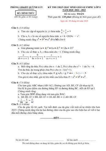 Đề thi chọn học sinh giỏi olympic môn Toán Lớp 8 - Năm học 2022-2023 - Phòng GD và ĐT Quỳnh Lưu (Có đáp án)