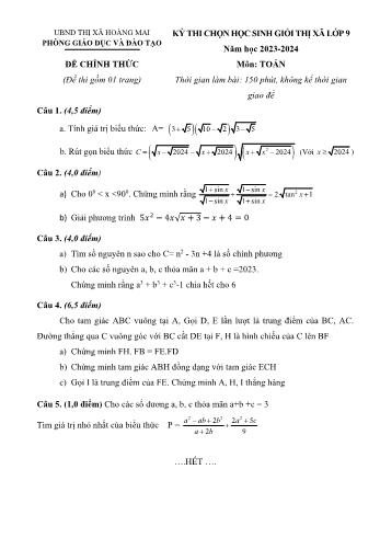 Đề thi chọn học sinh giỏi Thị xã môn Toán Lớp 9 - Năm học 2023-2024 - Phòng GD và ĐT Hoàng Mai (Có đáp án)