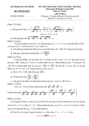 Đề thi chọn học sinh giỏi tỉnh môn Toán Lớp 9 - Năm học 2020-2021 - Sở GD và ĐT Quảng Bình (Có đáp án)
