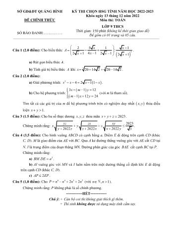 Đề thi chọn học sinh giỏi tỉnh môn Toán Lớp 9 - Năm học 2022-2023 - Sở GD và ĐT Quảng Bình (Có đáp án)